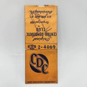 Vintage Bobtail Matchcover Central Democratic Club Harrisburg Pennsylvania